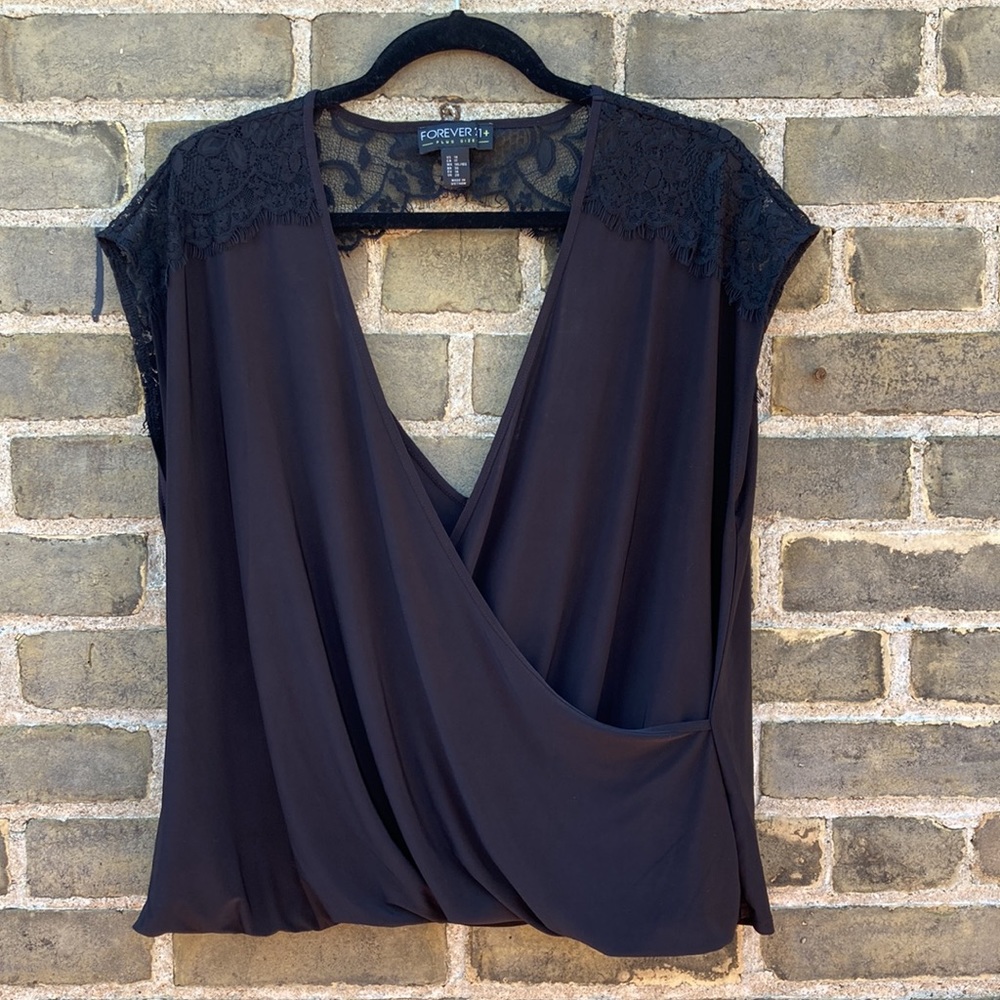 Forever 21+, Faux Wrap Top, Black Lace, Deep V, Cutout, Slinky, Plus, Size 1X